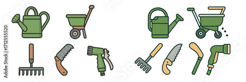 Gardening tools and equipment displayed on a clear background for outdoor work and plant care