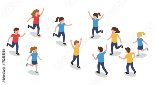Group of happy children playing together in isometric style