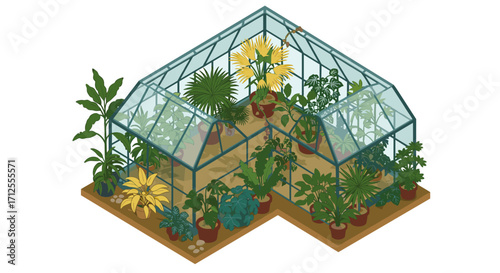 Isometric greenhouse packed with lush tropical plants and vibrant foliage