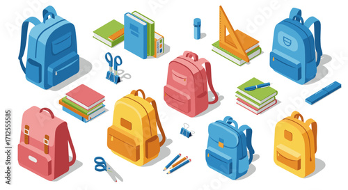 Colorful isometric school supplies and backpacks on white background