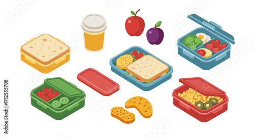 Colorful isometric lunchbox illustrations with fruits and snacks for healthy meal themes