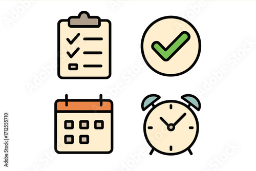 Productivity and time management icon set. Vector illustration of checklist, check mark, calendar, and alarm clock. Concepts for organization, planning, schedule, and deadline.