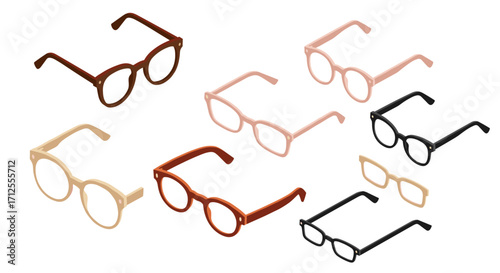 Isometric collection of stylish glasses in various colors and designs