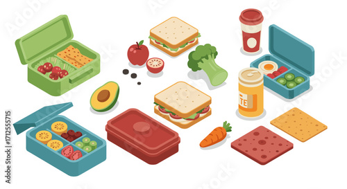 Colorful healthy lunchboxes and snacks with fresh fruits and vegetables in isometric style