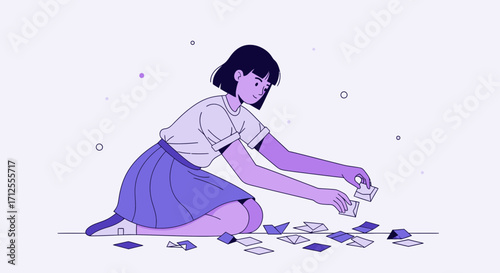 Girl Playing With Paper Shapes Enjoying Her Leisure Time In A Stylish Illustration