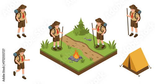 Isometric camping adventure with scout figures and forest scene