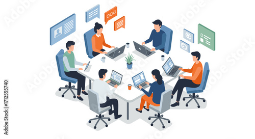 Collaborative team meeting in isometric style with diverse colleagues