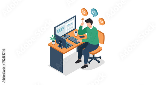 Office worker thinking at desk with computer and coffee in isometric style