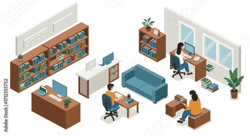 Modern office workspace with books and desks in open plan design
