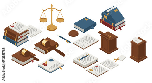 Isometric legal elements with books, scales, and gavel for law themes