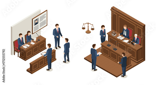 Isometric office and courtroom scenes with professionals and legal elements