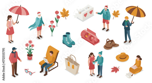 Colorful autumn isometric people and objects collection with fashion elements