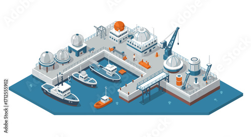 Modern isometric marine observatory with research vessels and equipment