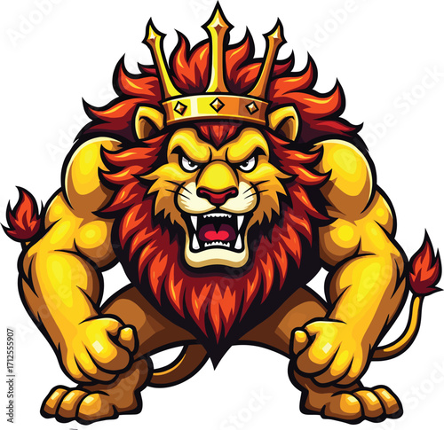 Fierce roaring lion with red mane, powerful jungle predator sports mascot