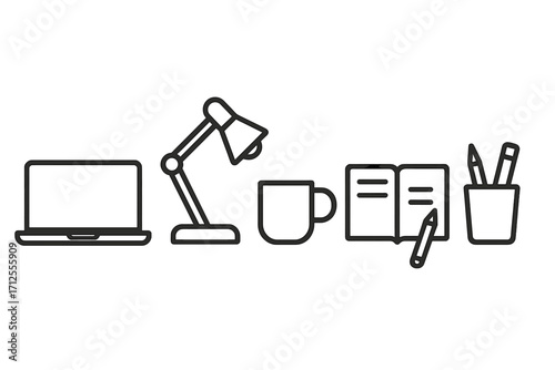 Work from home office essentials icon set. Desk setup elements. Laptop, lamp, coffee, notebook. Minimalist outline vector illustration. Business freelance workspace supplies.