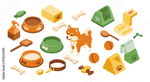 Isometric dog accessories collection with shiba inu and pet care items
