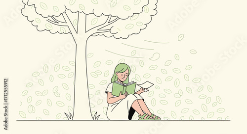 Girl Reading Beneath A Tree While Leaves Drift In The Gentle Breeze