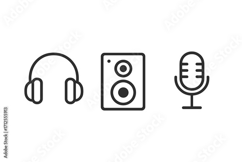 Minimalist music icons set: headphones, speaker, microphone. Simple line art for audio, sound, podcast, studio recording, and web player. Technology vector symbol collection.