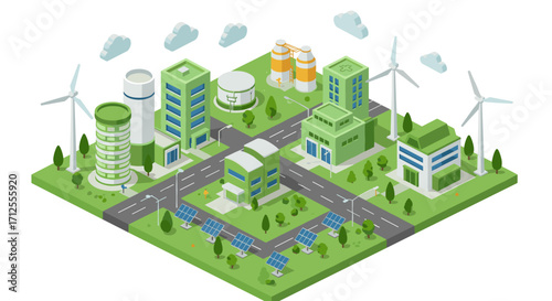 Isometric sustainable city with wind turbines solar panels and green buildings