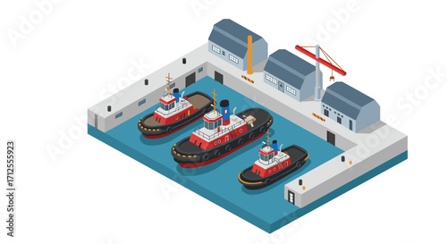 Isometric tugboats at dockyard with warehouses and crane