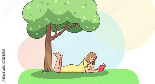 Girl Reading Book and Relaxing Under Tree on Sunny Day Enjoying Leisure Time