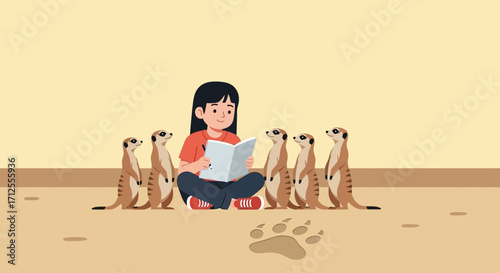 Girl Reading Book Surrounded By Meerkats Watching And Sharing The Story
