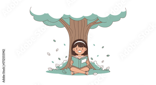 Girl Reading Book Under Lovely Tree, Enjoying Nature's Quiet Comfort and Serenity