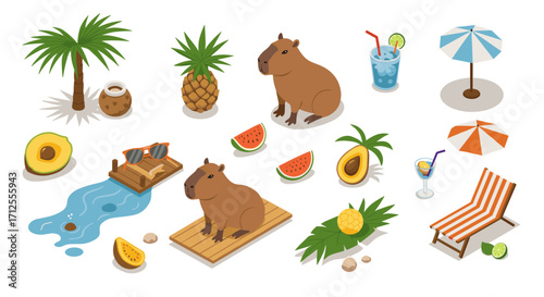 Isometric summer beach scene with capybaras, tropical fruits, and relaxation elements