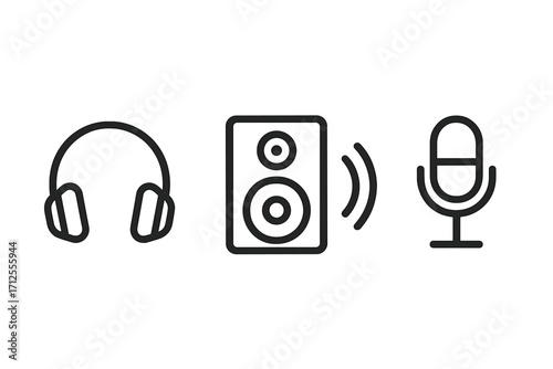 Music and audio icons set. Simple line art symbols for listening, recording, podcast. Includes headphones, speaker, microphone. Vector graphics for sound, studio, dj, app.