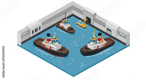Tugboats in a dockyard with isometric design for maritime construction