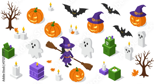 Isometric halloween witch with pumpkins, ghosts, and bats on white background for spooky decor