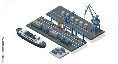 Isometric cargo port with containers and cranes for industrial shipping and logistics