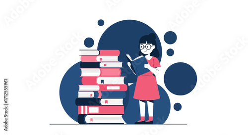 Girl Reading Beside Diverse Stack Of Books With Decorative Dark Blue Backgroud Illustration
