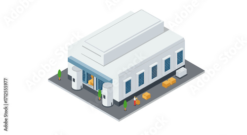 Isometric warehouse building with loading area and industrial architecture