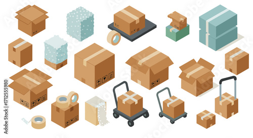 Isometric cardboard box collection with packing materials and tools