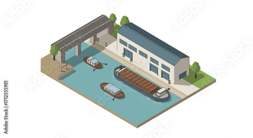 Isometric canal scene with boats and buildings in urban environment