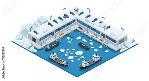 Isometric arctic port with cargo ships and vehicles in winter landscape