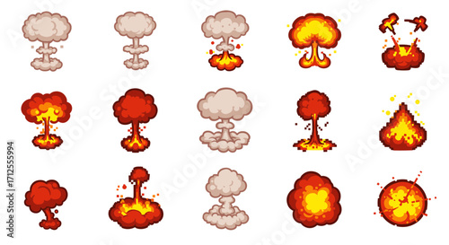 Pixel art explosion icons set with various fire and smoke styles