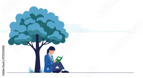 Girl Reading Book Under Tree, Serene Moment in Nature Isolated on White Background