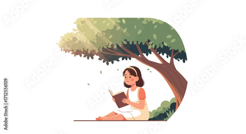 Girl Reading Book Under Tree, Enjoying Nature's Shade And Sunlight, With Peaceful Delight
