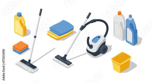 Essential cleaning supplies isometric design with mop, vacuum, and detergents