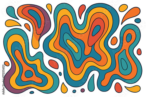 Psychedelic 1970s retro background with fluid liquid shapes and drops. Groovy 1960s hippie wallpaper design. Trippy abstract backdrop for 60s 70s parties. Vintage art.