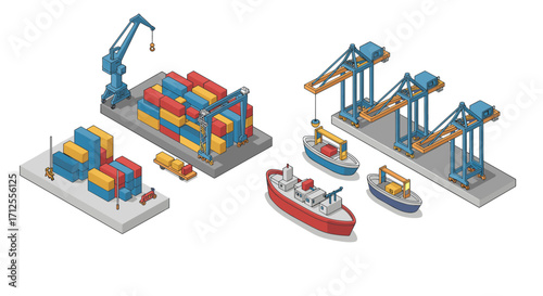 Isometric port with cargo containers, ships, and cranes in detailed perspective