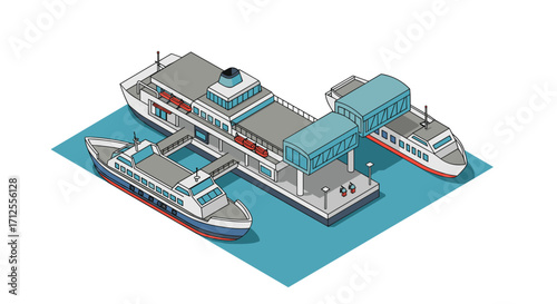 Isometric ferry terminal scene with passenger ships and docking platform