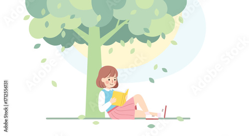 Girl Reading Book, Relaxing Under Tree, Enjoying Nature, Reading Time, Peaceful Moment