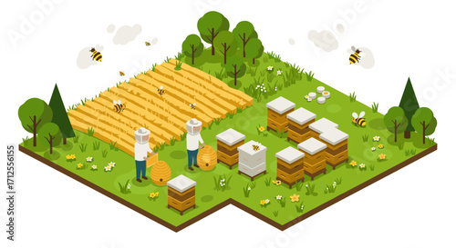 Isometric beekeeping scene with apiary in lush garden landscape