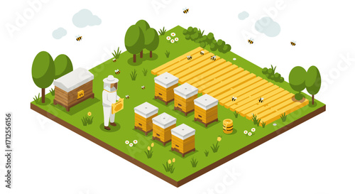Isometric beekeeping scene with hives and beekeeper in lush green garden