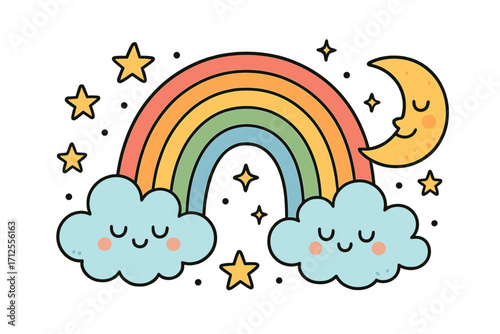 Cute cartoon rainbow with smiling clouds, moon, and stars. Kawaii doodle vector illustration for kids. Baby shower and nursery decor element. Dreamy sleepy night sky graphic.