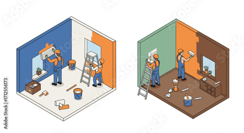 Isometric room renovation with workers painting and decorating interior walls