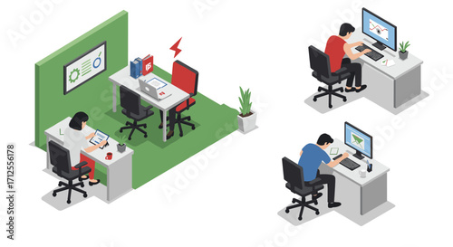 Modern isometric office setup with diverse professionals at work